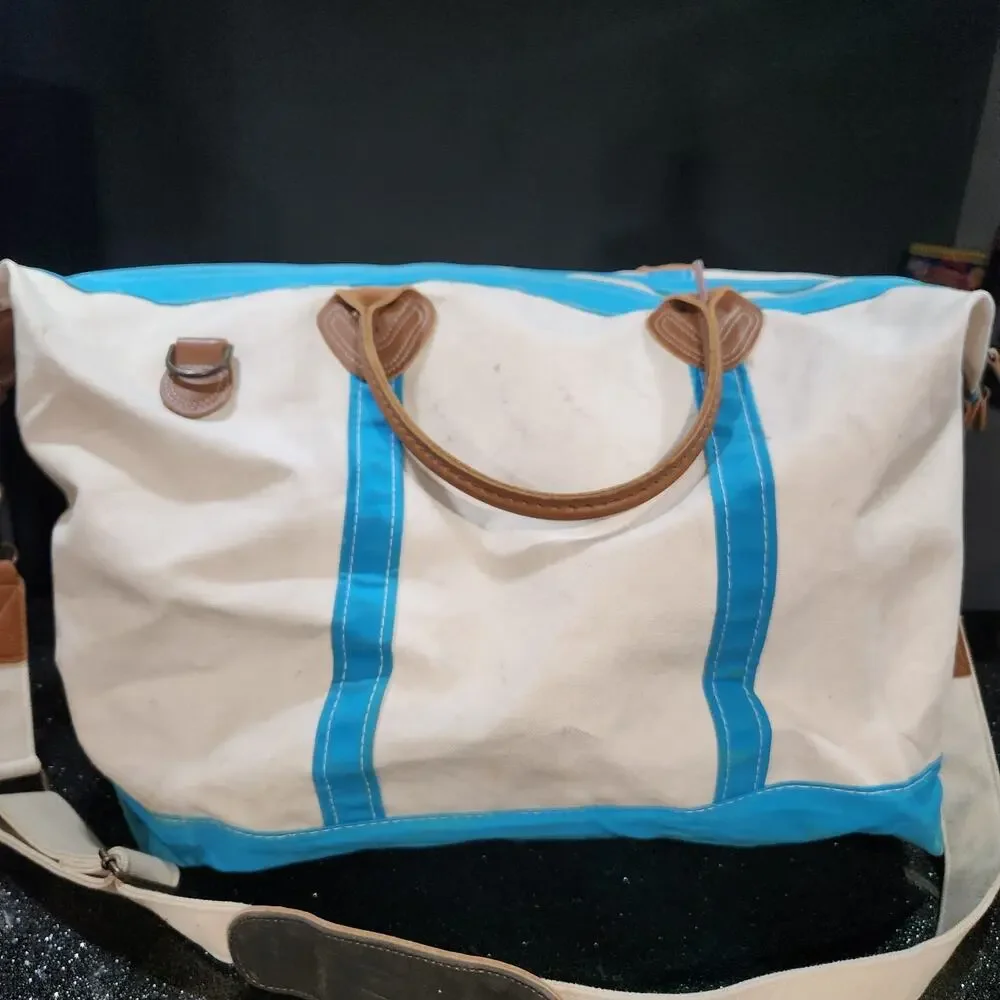 VTG LL Bean Boat & Tote Leather Handles Canvas Weekender Duffle Zip Strap Bag XL